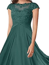 billiga Te Längd-A-linjeformad bröllopsfestmammas klänning elegant enkel krage ankellängd chiffon kort ärm med veck solid färg