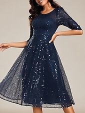 cheap Wedding Guest Dresses-A-Line Wedding Guest Dresses Elegant Dress Wedding Guest Homecoming Knee Length Half Sleeve Crew Neck Sequined with Pleats Sequin