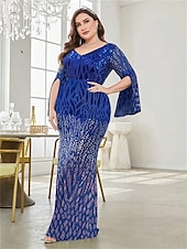 cheap CHAMPAGNE-Mermaid / Trumpet Plus Size Dresses Elegant Curve Dress Formal Wedding Floor Length Long Sleeve V Neck Polyester with Sequin