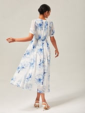 abordables Robes fleuries élégantes-robe longue en mousseline délavée à fleurs bleues