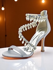 preiswerte Cocktail-Weiße Damensandalen mit Stilettoabsatz, offene Abendschuhe mit Kristallfransenriemen für formelle Anlässe und Abendpartys
