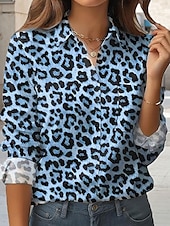 billige Dyr Topp-Dame Skjorte Grafisk Leopard Årgang Stilfull Fritid Langermet Skjortekrage Vanlige topper Arbeid Daglig Ferie Knapper Lomme Trykt mønster Blå Lilla Brun Grønn Vår Høst