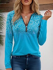 abordables T-shirt Boho-Femmes T-shirt Graphique Dégradé de couleur ancien Moderne Occasionnel manche longue Col en V Hauts Réguliers Quotidien Week-end Fermeture éclair Imprimé Rouge Bleu Violet Vert Été Printemps