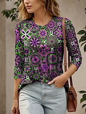 ieftine tricou floral-Pentru femei Bluză Grafic Elegant Boemia Casual Manșon Lung Stil Nautic Rotund Topuri obișnuite Zilnic Ieșire Costum de plajă Imprimeu Galben Albastru piscină Mov Trifoi Vară Primăvară