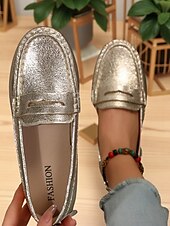 お買い得  レディース・スリッポンス＆ローファー-女性用のメタリックゴールドのペニーローファー、スタイリッシュな服装や毎日のデートにぴったりな、質感のあるフェイクレザーを使用したソフトなスリッポンカジュアルフラットシューズ