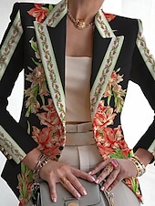abordables Blazers et Costumes-Femmes Blazer Respirant Confortable Imprimé Mode Occasionnel Fleuri Formel Travail Bureau / Carrière Double Boutonnage Régulier Col Rabattu Coupe régulière manche longue Vêtements d&#039;extérieur Noir