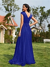 abordables BLEU-Robe A-Line Quinceanera Élégante Robe Formal Mariage Longueur Totale Sans Manches Décolleté en V Polyester avec Plis Sequin