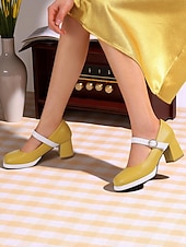 abordables Retro de los años 50-Tacones Mary Jane mod de los años 50 para mujer: zapatos retro de tacón grueso con punta redonda en azul y blanco con correa para atuendos vintage, fiestas de té o uso diario.