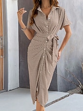 cheap Stripe&amp;Geometric Dress-Women&#039;s Midi Dress Sheath Dress Summer Dress Casual Daily Regular Fit Graphic Short Sleeve Lapel Black Brown Summer
