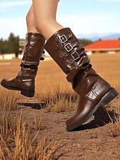 olcso Slouch Boots-Női barna műbőr térdig érő csizma tripla csatos pántokkal – western lovagló stílus őszi szettekhez, farmi napokra és szabadtéri viseletre