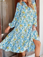 economico Abiti floreali-Per donna Abito Midi Abito a trapezio Casual All&#039;aperto Uscire Vestibilità regolare Floreale Grafico Manica Lunga Scollo a V Marrone chiaro Azzurro cielo Arancione Verde Estate
