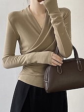abordables Hauts Unis pour Femmes-Femmes Chemisier Uni Moderne Occasionnel manche longue Col en V Hauts Réguliers Quotidien Fête Froncé Noir Blanche Marron clair Automne
