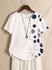 billige Kvinnenes Kunst &amp; Design Topper-Dame Skjorte Bluse Grafisk Polkadotter Grunnleggende Kortermet Crew-hals Vanlige topper Ferie Knapper Trykt mønster Hvit Navyblå Grønn Sommer Vår
