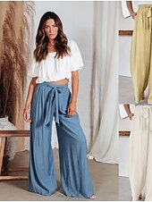 abordables jambe large et taille haute-Femmes Culottes Jambe Large Évasé Élégant Vacances ancien Long Taille Moyenne Cordon de serrage Classique Stylé Micro-Élastique Ivoire Bleu Kaki Été Printemps Automne Coupe Ample