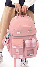 abordables Sacs à dos de Collège-Sac à dos de campus pour fille mignonne - design multi-poches, coutures à carreaux, léger et imperméable, grande capacité, adapté aux déplacements quotidiens noir rose bleu ciel