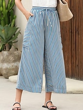 abordables pierna ancha y cintura alta-Mujer Perneras anchas Chinos Moda Ropa de calle Longitud total Alta cintura A Rayas Bolsillo Cintura elástica Estampado Confortable Suave Cómodo Microelástico Exterior Calle Azul Naranja Marrón Verde