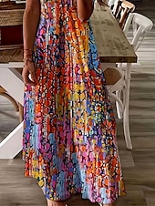preiswerte Kunst &amp; Design Kleider-Damen Maxikleid Freizeitkleid A Linie Kleid Sommerkleid Elegant Urlaub Lässig Normale Passform Blumen Grafik Abstrakt Kurzarm U-Ausschnitt Rote Leicht Braun Sommer Frühling Herbst
