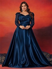billiga BLÅ-A-Linje Plus Size Klänningar Elegant Curve Klänning Formell Bröllop Golvlängd Långärmad Hjärta Satin med Fållar 2025