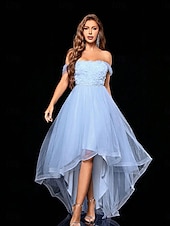 abordables Robes Longues &amp; Gowns-Robes de Quinceañera A-Line Robe Élégante Robe Formelle Mariage Asymétrique Sans Manches Off Shoulder Tulle dos nu avec Plis