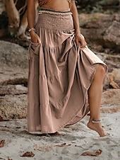 abordables Jupes unies-Femmes Jupe Évasé Occasionnel Maxi Taille Basse Jupes Uni Froncé Micro-Élastique Vacances Rue Noir Blanche Jaune Vert Véronèse Automne Coton