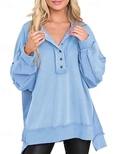 preiswerte Texturierte Kapuzenpullover &amp; Sweatshirts-Damen Bluse Einfach Modern Lässig Langarm Rundhalsausschnitt Normale Oberteile Täglich Ferien Ausgehen Knöpfe Schwarz Weiß Rosa Wein Blau Herbst
