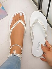 abordables Mujeres-Sandalias tipo chanclas con perlas para mujer: un modelo informal y elegante con tiras para salidas diarias y citas de verano.