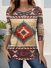 billige Boho t-skjorte-Dame T skjorte Grafisk Geometrisk Abstrakt Årgang Stilfull Moderne Langermet V-hals Vanlige topper Daglig Utskjæring Trykt mønster Rød Brun Kakifarget Vår Høst
