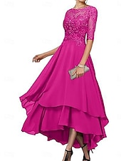 abordables Longueur du thé-Ligne A Robe de Mère de Mariée  Élégant Simple Col Bateau Asymétrique Polyester Demi Manches avec Couleur Unie 2025