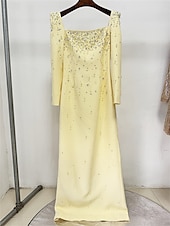 cheap YELLOW-Mermaid / Trumpet High Fashion Yellow Dress Elegant Dress Formal Wedding Floor Length Semi Formal Long Sleeve Square Neck Crepe Center Back Slit with Crystal