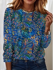 billige Boho t-skjorte-Kvinners Tunika T-skjorte Mote Uformell Trykk Langermet Vanlige topper Rund hals Daglig Blå Himmelblå Vår Høst