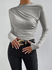 preiswerte Einfarbiges T-Shirt-Damen Bluse Einfarbig Elegant Stilvoll Basic Langarm Rundhalsausschnitt Normale Oberteile Täglich Gerafft Schwarz Weiß Braun Hellgrau Aprikose Sommer Frühling