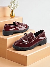 economico Slip-ons e mocassini da donna-Loafers in pelle verniciata bordeaux per donna con nappa e fiocco scarpe flat vintage per uscite casual e uso quotidiano