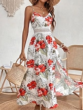 levne Elegantní květinové šaty-Dámské Midi šaty Květinové šaty Letní šaty Slip Dress Šaty s potiskem Módní Klasické Moderní Dovolená Denní Jdeme ven Běžný Květiny Bez rukávů Popruhy Rubínově červená Vodní modrá Trávová zelená Léto