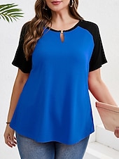 cheap Plus Size T Shirts-Women&#039;s Plus Size Tops T Shirt Solid Color Patchwork Short Sleeve V Neck Casual Daily Polyester Summer Spring Red Blue