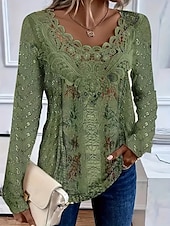 abordables T-shirt floral-Top femme en dentelle splicing floral vintage basique décontracté à manches longues col en V hauts réguliers imprimé quotidien patchwork dentelle vert printemps préautomne