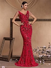 abordables ROJO-Vestidos de quinceañera de sirena/trumpet vestido elegante boda invitada de boda larga sin mangas con cuello de pico poliéster sin espalda con lentejuelas