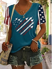 cheap Independence Day Top-Independence Day Women&#039;s Patriotic Fourth of July T Shirt Heart Graphic American Flag Vintage Stylish Classic Short Sleeve V Neck Regular Tops Daily Weekend Print Black Red Blue Gray Summer Spring