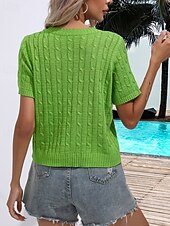 billige Solide farger-Dame Genser Fritid Helfarge Tykk Crew-hals Strikket Kort Erme Vanlige topper Strikke Daglig Ferie Ut på byen Hvit Gul Sommer