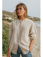 abordables Hauts Unis pour Femmes-Chemisier Femme à Boutonnage Quotidien Rétro Vintage Décontracté à Manches 3/4 Col Ras du Cou Hauts de Travail Quotidiens Bleu Clair Vert Forêt Chanvre Blanc Été Printemps Automne
