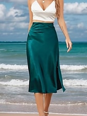 preiswerte Schlichte Röcke-Damen Rock Mode Lässig Maxi Hohe Taille Röcke Einfach Mikroelastisch Straße Täglich Schwarz Wein Dunkelgrün Kamel Sommer Satin