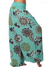 baratos perna larga e cintura alta-Mulheres Calças Calças Harem Calça Palazzo Moda Boho Comprimento total Cintura Média Imprimir Cintura elástica Confortável Micro-Elástica Rua Roupa Diária Para Noite Preto Branco Amarelo Rosa claro