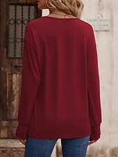 billige Plain t-skjorte-Dame Bluse Helfarge Stilfull Fritid Langermet V-hals Vanlige topper Daglig Knapper Svart Hvit Vin Militærgrønn Navyblå Sommer Vår