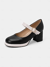 abordables Retro de los años 50-Tacones Mary Jane mod de los años 50 para mujer: zapatos retro de tacón grueso con punta redonda en azul y blanco con correa para atuendos vintage, fiestas de té o uso diario.