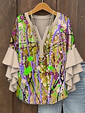 abordables Hauts d&#039;Art et de Design pour Femmes-Femmes Chemisier Graphique Abstrait Bohème ancien Quotidien Manche 3/4 Col en V Hauts Réguliers Quotidien Fête Vêtements de vacances Imprimé Jaune Rouge Bleu Violet Vert Été Printemps Automne