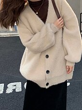 abordables Cardigans et vêtements d&#039;extérieur-Femmes Pull Cardigan Mode Couleur Unie Côtelé Col en V Tricoté manche longue Hauts Réguliers Tricoter Fête Sortir Week-end Noir Gris foncé Hiver