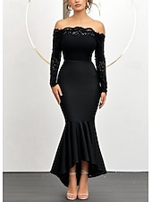 billige Gjestekjoler til bryllup-Havfrue  Trompet Bryllups Gjest Kjoler Elegant Kjole Bryllups Gjest Forlovelse Asymmetrisk Lange Ermer Off Shoulder Lace med Rysjer