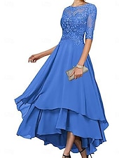 abordables Longueur du thé-Ligne A Robe de Mère de Mariée  Élégant Simple Col Bateau Asymétrique Polyester Demi Manches avec Couleur Unie 2025