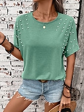 abordables T-shirt uni-Femmes T-shirt Uni Mode Élégant Classique Manche Courte Col ras du cou Hauts Réguliers Quotidien Week-end Patchwork Vert Été Printemps