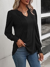 abordables Hauts Unis pour Femmes-Femmes Chemisier Couleur Unie Élégant Occasionnel manche longue Col en V Hauts Réguliers Quotidien Froncé Noir Rose Claire Fuchsia Vert Été Printemps