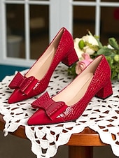 preiswerte 1950er Jahre-Damen-Pumps aus Lackleder im Vintage-Stil mit Krokodilprägung – braune Pumps mit spitzer Spitze, übergroßer Schleife und Blockabsatz fürs Büro, Teepartys und Outfits im Stil der 50er Jahre